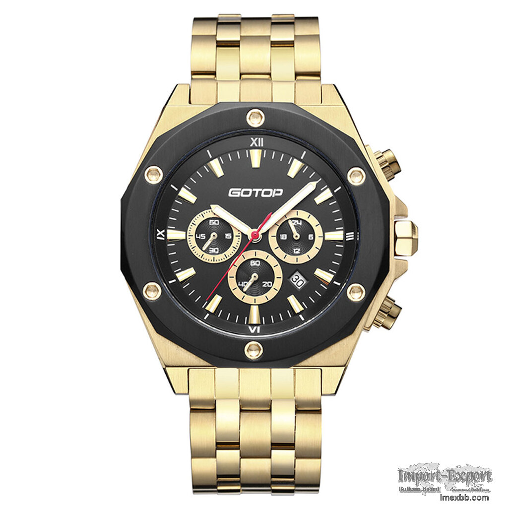 FEATURES OF SS299 GOLD AND BLACK MEN'S STAINLESS STEEL WATCH
