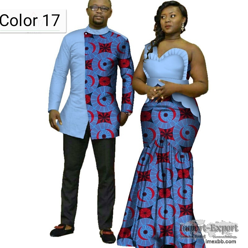 African Couple Cotton Clothing Ethnic Wax Printing Skirt and Men′s Shirt
