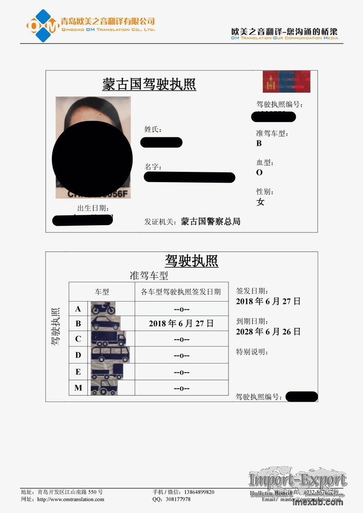 Driving License Translation in Qingdao Shandong China, Driver License Trans