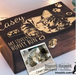 Engraved Wood Memory Pet Gift Boxes Pet Portrait Box 9.5x5.5x3.5 In