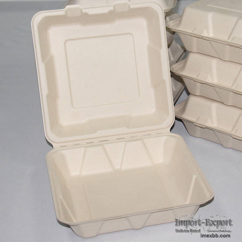 8 Inch Disposable Sugarcane BagasseTakeout Clamshell Lunch Box