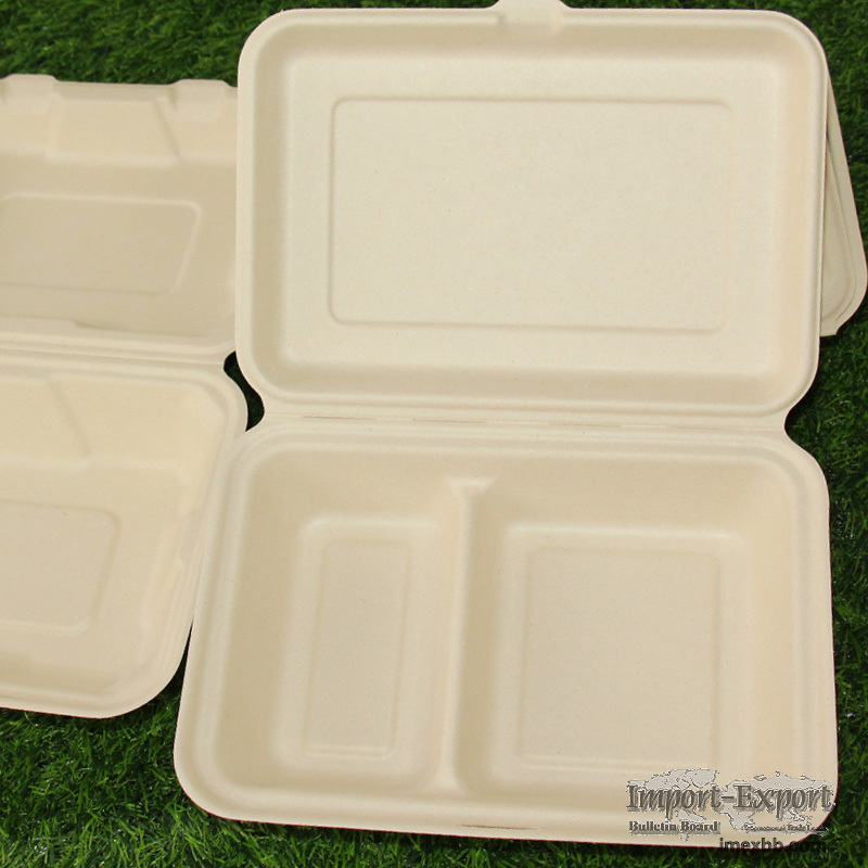 9x6 Inch 2Comp Sugarcane Bagasse Disposable Biodegradable Food Container