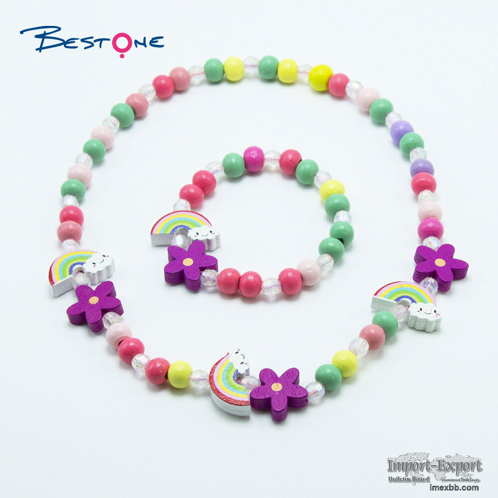 Girls Flower Wood Bracelet Necklace Set