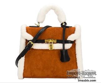 25cm Womens Leather Bag Lambswool O Plush Brown Velvet Bag