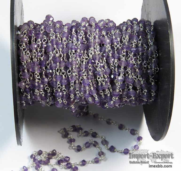 Amethyst Faceted Beads 3 MM Wire Wrapped Rosary Style Chain