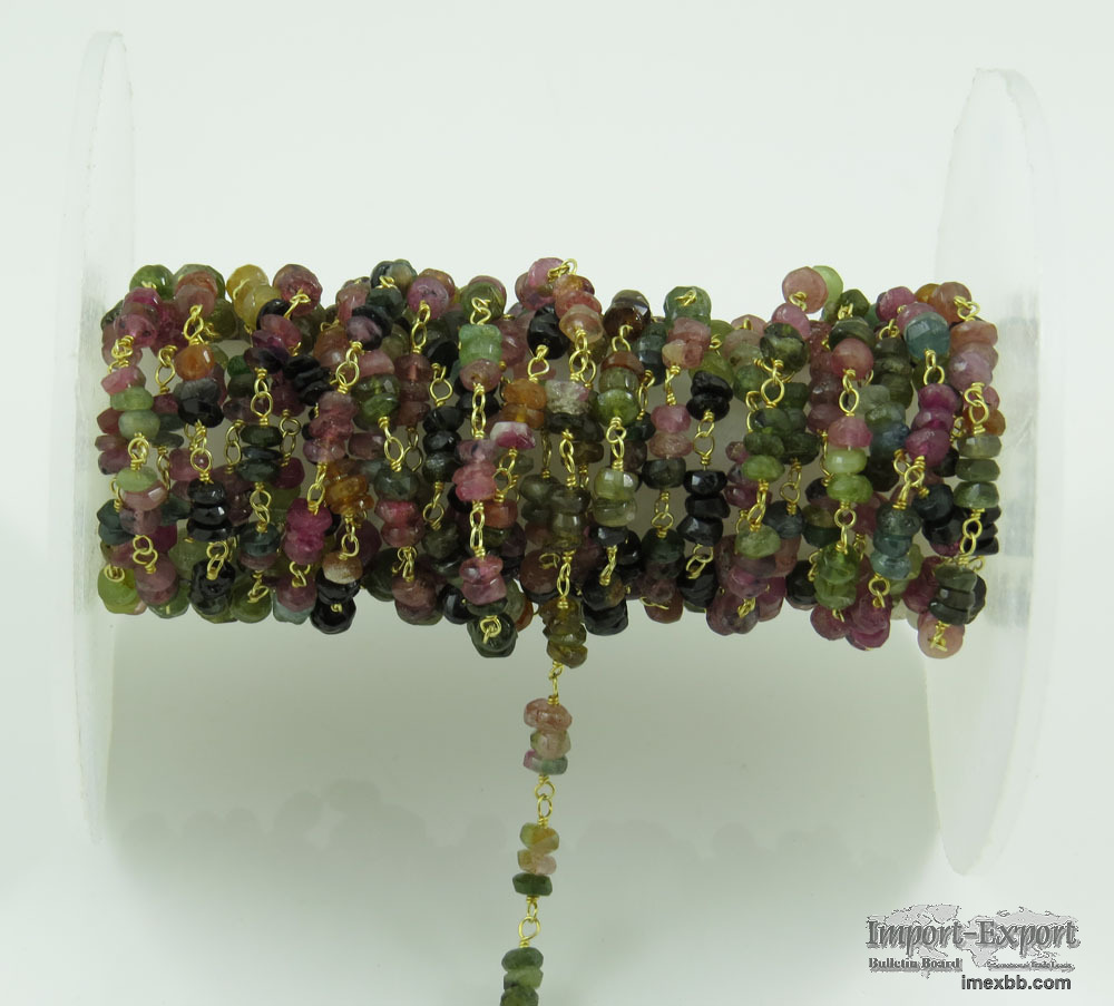 Multi Tourmaline 3 MM Faceted Beads Wire Wrapped Rosary Chain