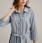 3/4 Sleeve Butto Down Linen One Piece Dress Blue White Striped With Belt