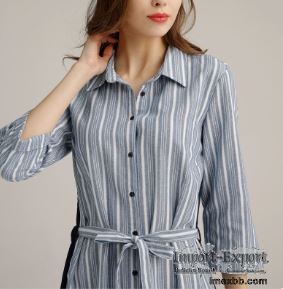 3/4 Sleeve Butto Down Linen One Piece Dress Blue White Striped With Belt