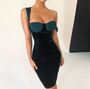 Velvet Stitching Sexy Women Dresses  One Shoulder Bodycon Midi Dress