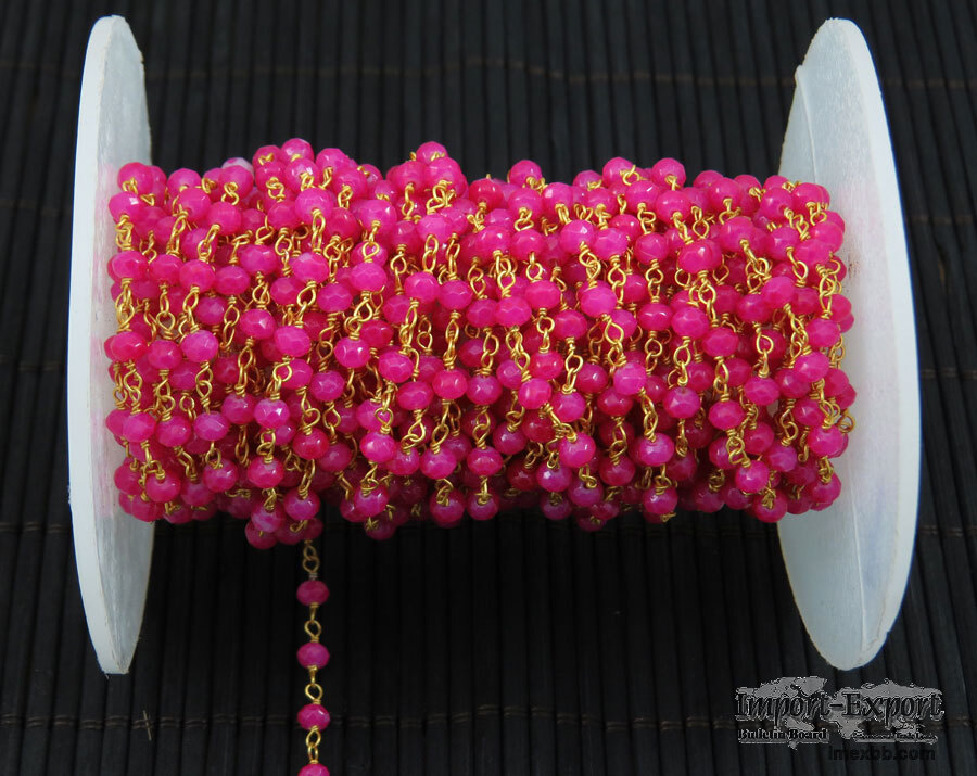 Hot Pink Crystal 3 MM Beaded Rosary Style Chain