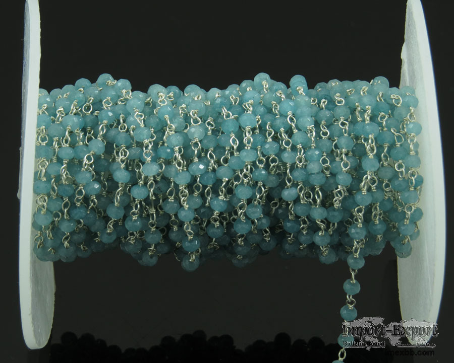 Aqua Jade 3 MM Beaded Wire Wrapped Rosary Chain