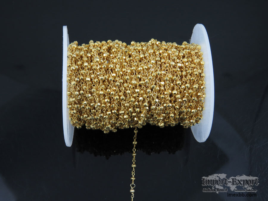Gold Pyrite 3 MM Beaded Wire Wrapped Rosary Chain