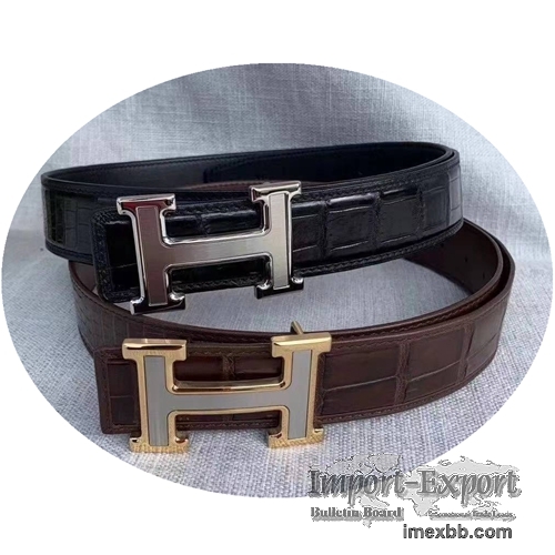 Belt Men And Women Crocodile Pattern H Letter Gold And Silver Buckle Double