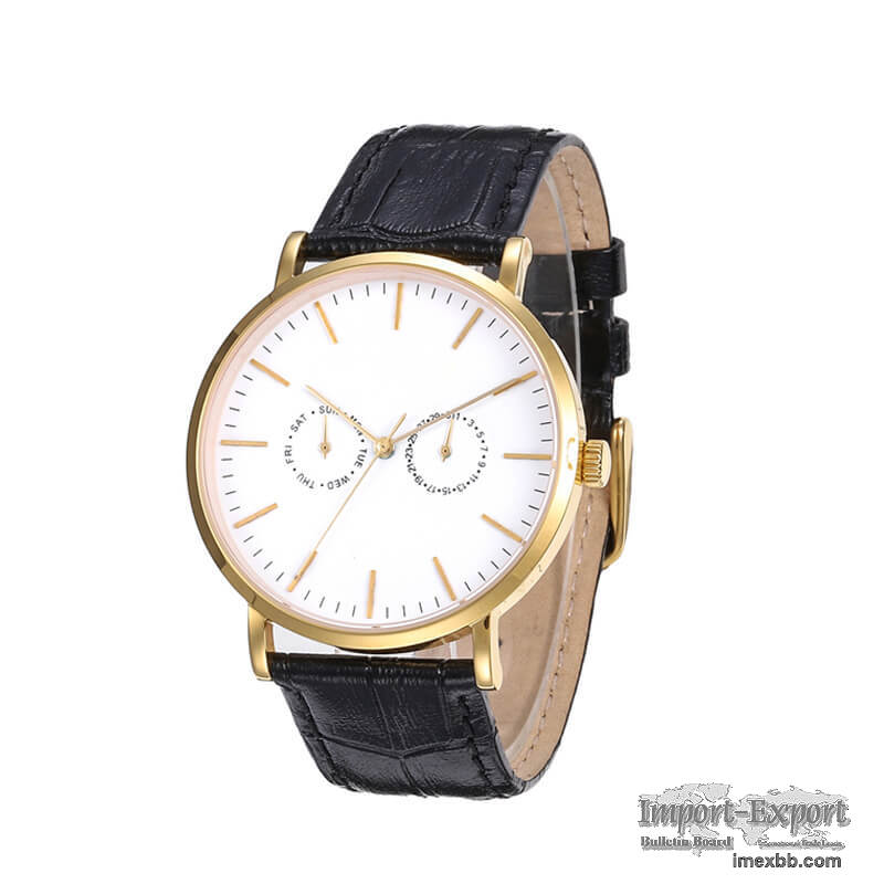 DATE/DAY STAINLESS STEEL WATCH WITH LEATHER BAND