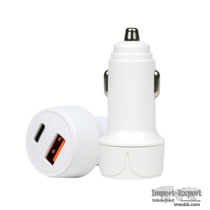 White Dual-Port Car Charger with 1 USB-C Port (20W) and 1 USB-A Port (12W)
