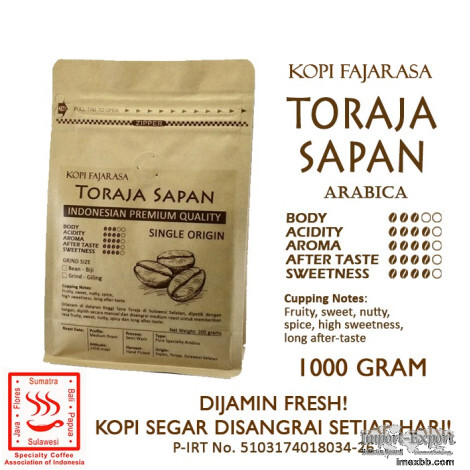 Fajarasa Toraja Coffee Sapan Arabica Coffee Beans 1 kg - Whole Beans