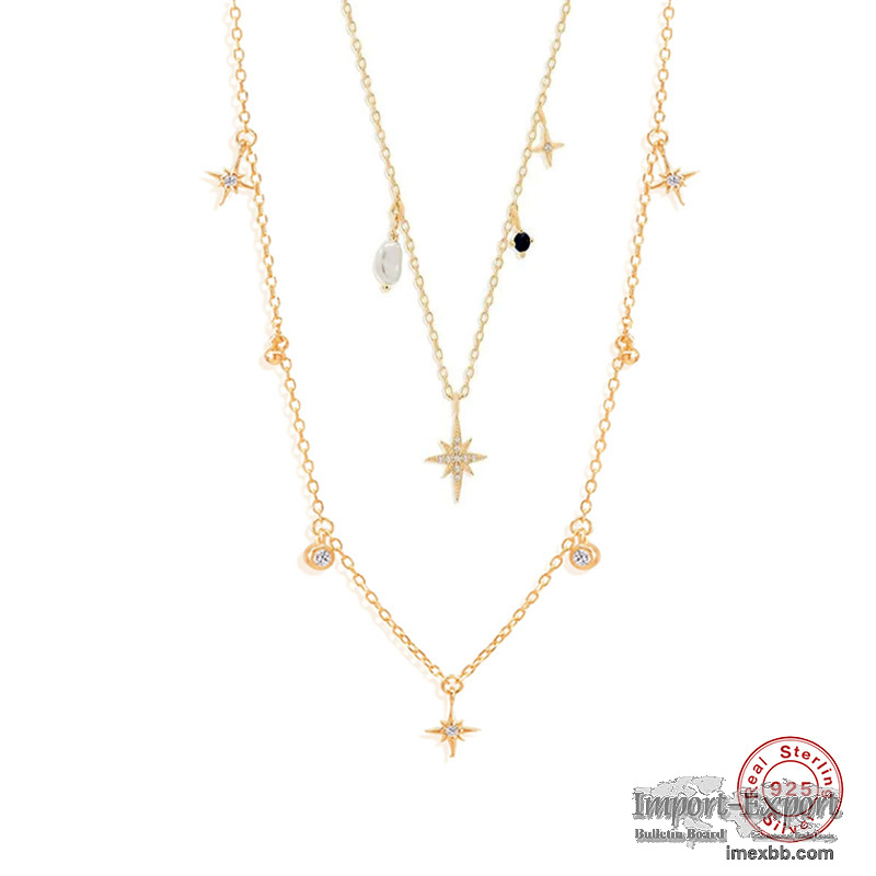 S925 sterling silver octagonal star shaped pearl collarbone necklace