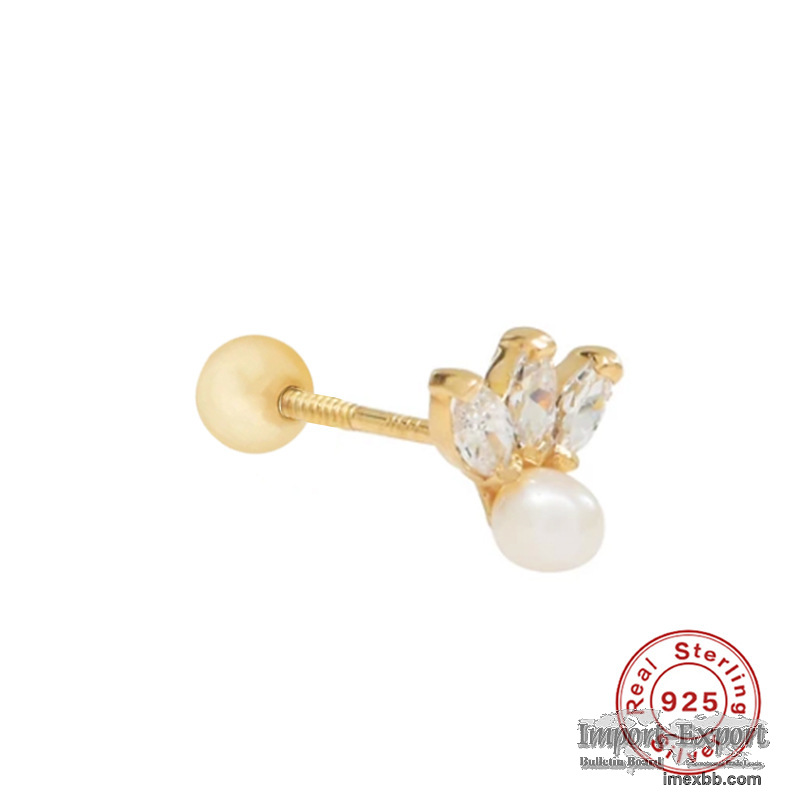 S925 sterling silver triple CZ marquise pearl earrings for girls