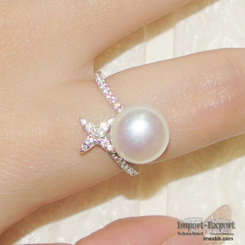 S925 Sterling Silver Ring Female Diamond Cross Star Pearl Ring