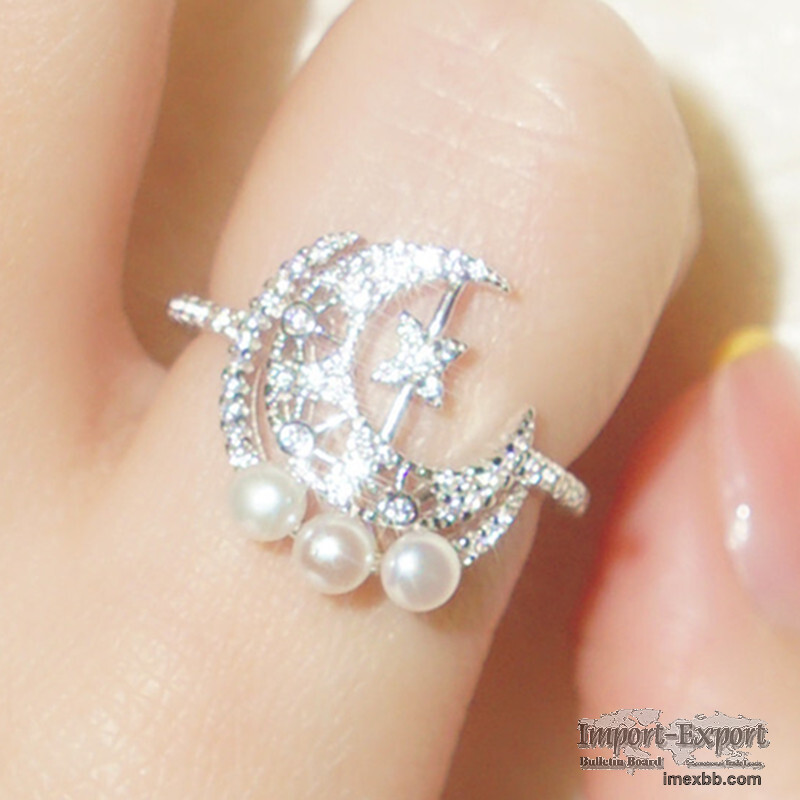 S925 Sterling Silver Ring Diamond Pearl Moon Ring