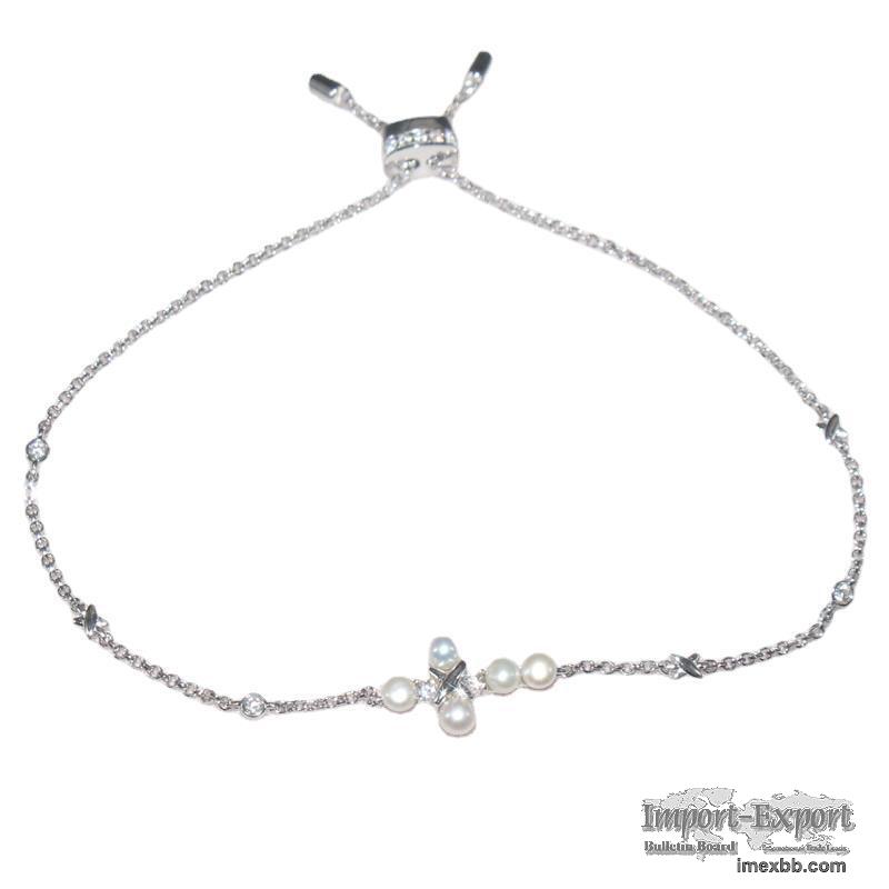 S925 sterling silver bracelet female diamond freshwater pearl cross brace