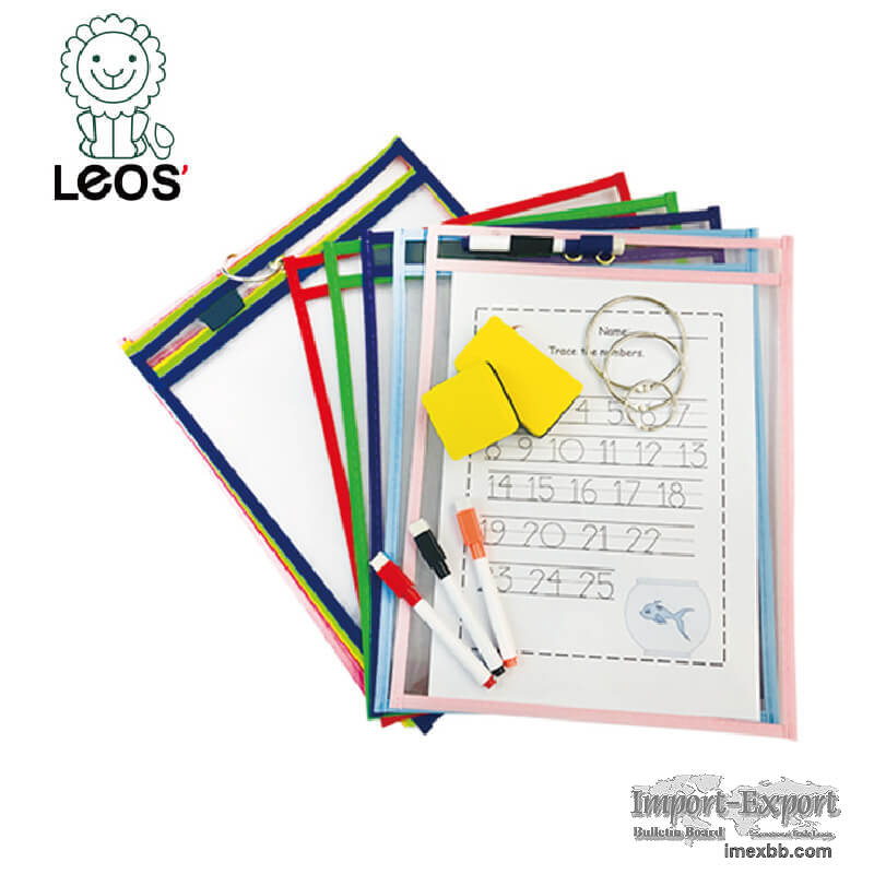 School Supplies Reusable Dry Erase Pockets with Pen Holder for Kids	