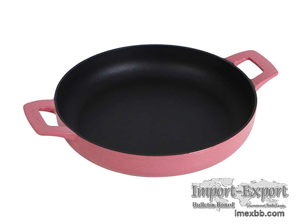 Magenta Enameled Cast Iron Frying Pan with Dual Handles