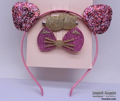 Sequin Bow Childrens Hair Accessories Headband With Hoop Pink Color