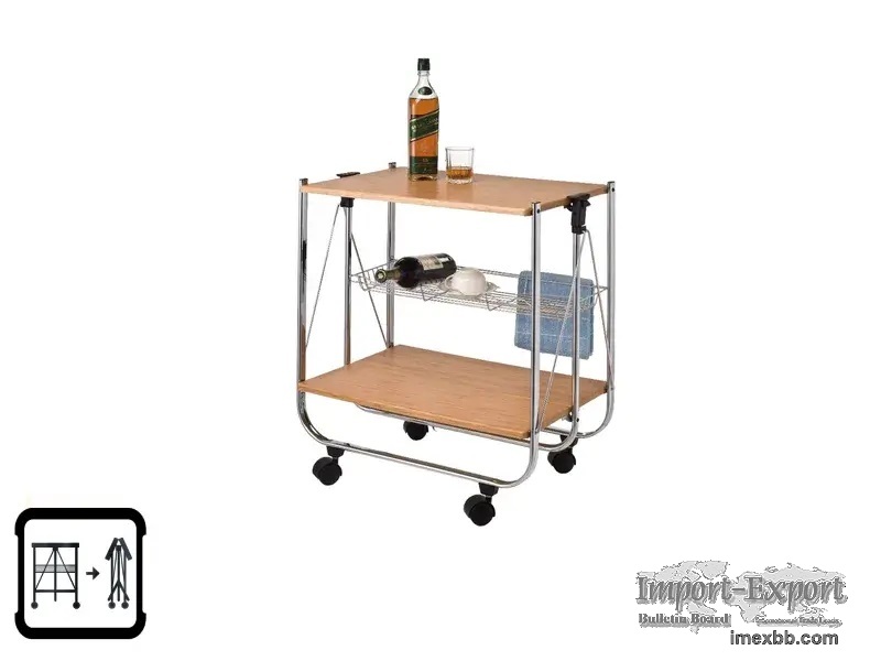 Wooden Board Two Tier Foldable Trolley with Wine Rack
