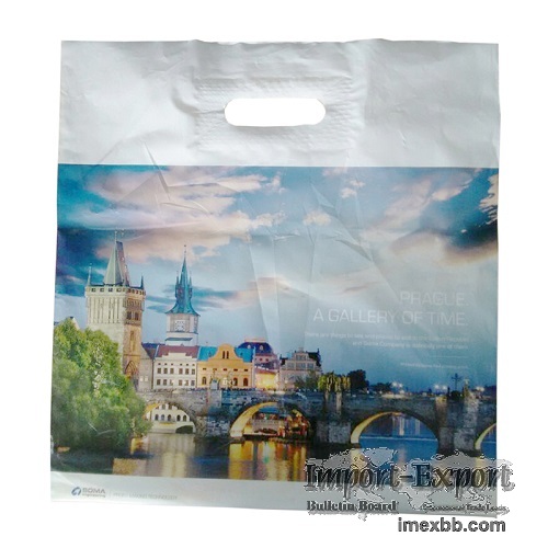 Reusable plastic die cut patch handle shopping carrier bags