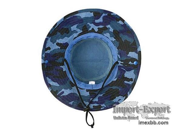Blue Camo Bucket Hat With String Men's Blank Snap Wide Brim Boonie Hat