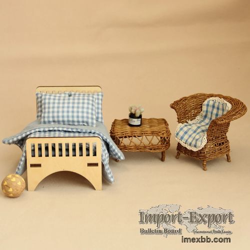 Miniature Wooden Bed with Fabric Bedings
