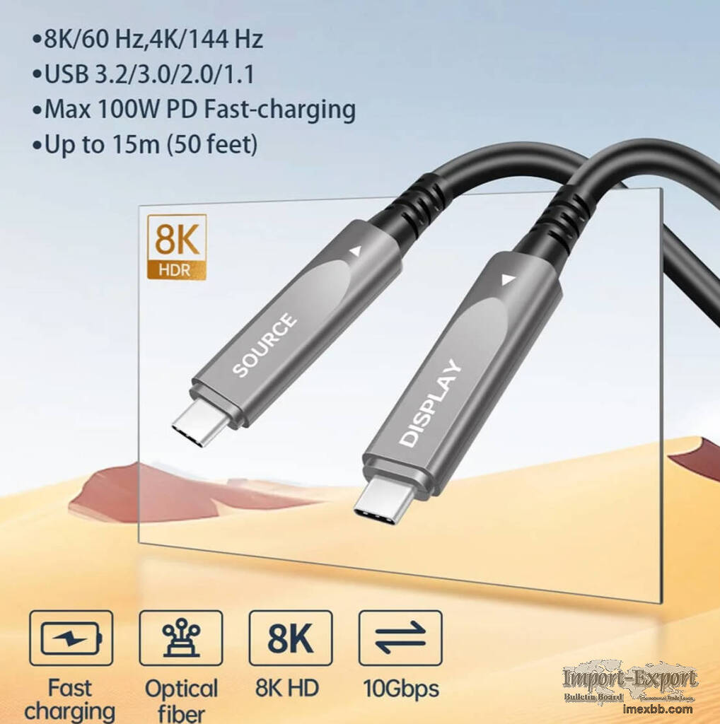  Fiber Optic USB C Cable 15ft(5m)-8K Video-10Gbps Data