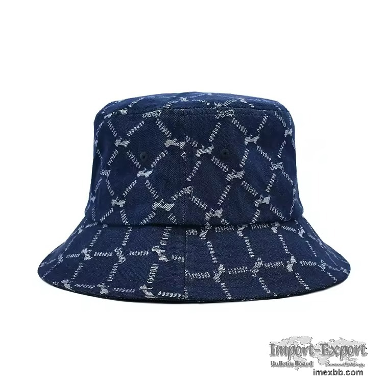Custom Jacquard Denim Bucket Hat Fashion Monogram Pattern Denim Fisherman C