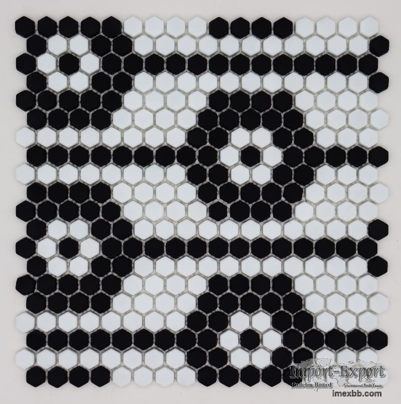 Black & White Hexagon Recycled Glass Flower Mosaic